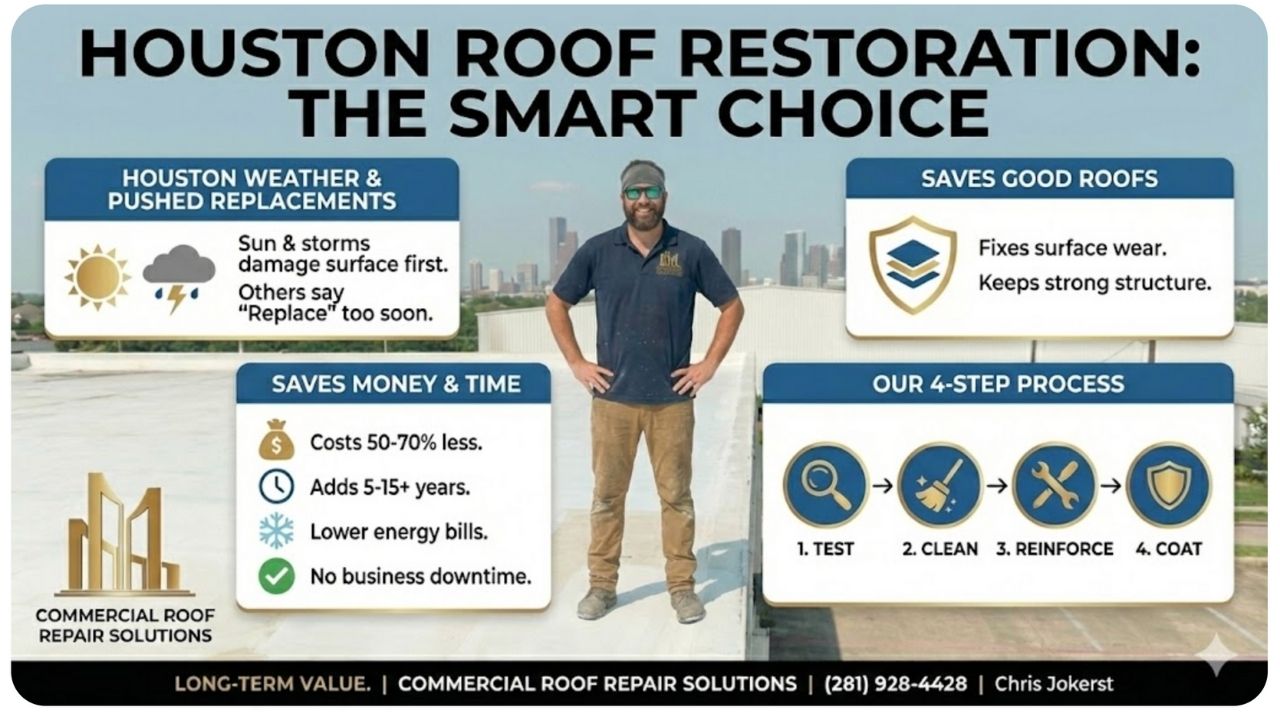 Have a Commercial Roof Leak? Save Money vs Full Replacement Cost 3 Roofing Restoration In Houston and why owners choose it first