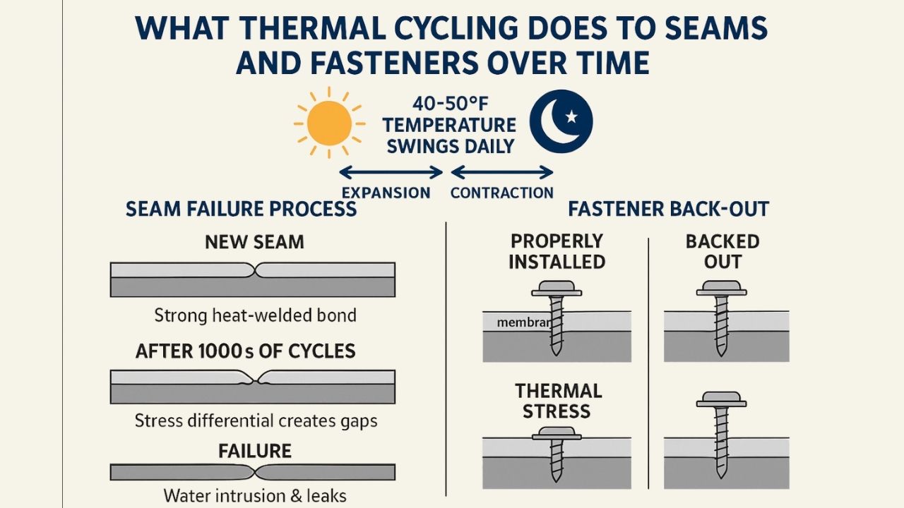 Why Do PVC Roofs Fail So Fast in Houston's Climate? 7 What Thermal Cycling Does to Seams and Fasteners Over Time Commercial Roof Repair Solutions Houston TX
